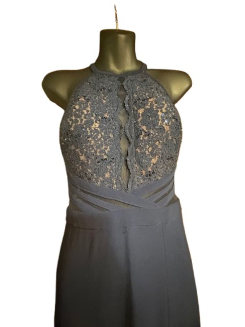 Morgan & Co
Navy Blue Lace Halter Gown floral lace halter-style bodice size 5 - Picture 8 of 14